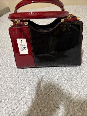 Patent Two-Tone Top-Handle Satchel in Black & Red